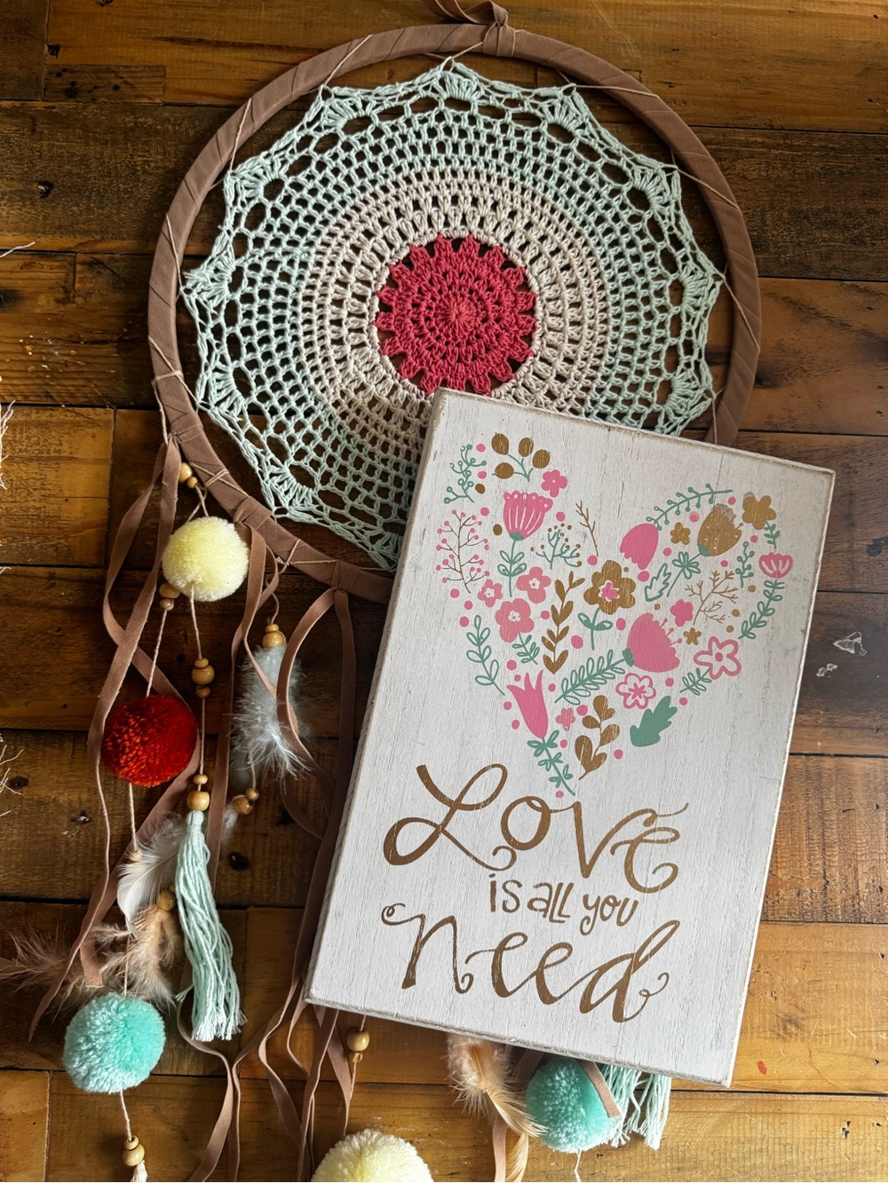 Crochet Dreamcatcher Wall Art bundle with Pink, Mint, Cream Accents